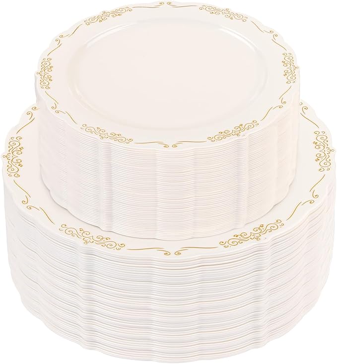 U-QE 100 PCS Ivory Christmas Plastic Plates with Gold Rim - Gold Plastic Plates for Christmas - Heavy Duty Disposable Use Including 50 10 '' & 50 7.5 ''