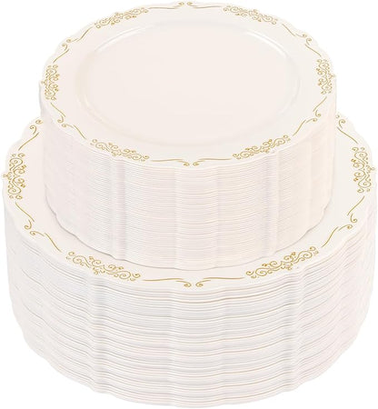 U-QE 100 PCS Ivory Christmas Plastic Plates with Gold Rim - Gold Plastic Plates for Christmas - Heavy Duty Disposable Use Including 50 10 '' & 50 7.5 ''