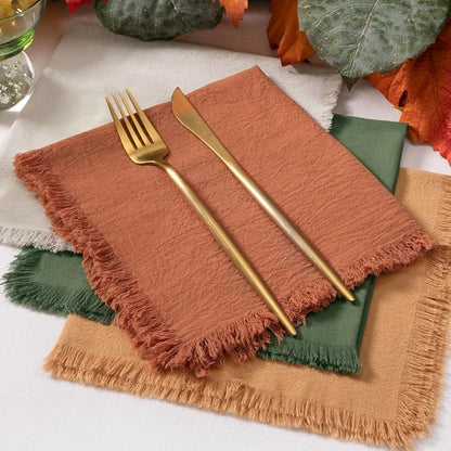 12 Pack Mixed Thanksgiving Color Cotton Linen Napkins With Fringe - Fall Cloth Set of 12 Boho Handmade Dinner Bulk for Wedding Fall Dining Table, 17 x 17