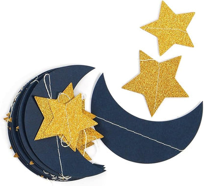 Navy-Blue Gold Moon-Star Party-Decorations Garland - 52Ft Twinkle Little Star Hanging Decoration Streamers Banner, Eid Ramadan Mubarak Decoration Birthday Wedding Baby Shower Party Decor Panduola
