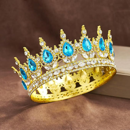 Queen Rhinestone Wedding & Bridal Crowns - Gold & Light Blue Tiaras for Women's Costume Party & Princess Birthday Accessories