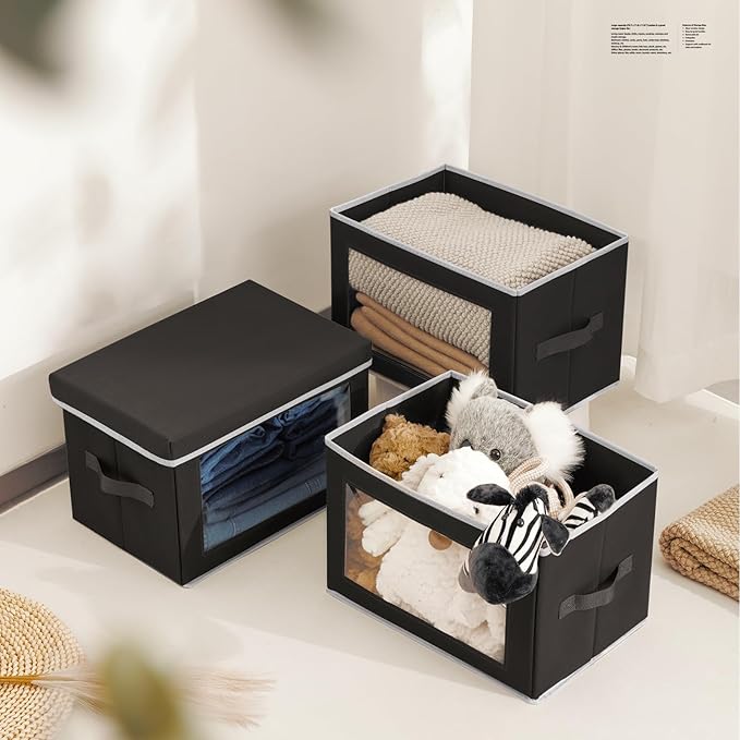 Storage Boxes with Lids, Collapsible Storage Bins with Handles, Closet Storage Baskets with Window, Fabric Storage Containers for Organizing Clothes, Towels, Books, 3 Packs, Black