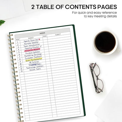 Taja Meeting Notebook for Work Organization - Work Planner Notebook with Action Items, Agenda Planner for Note Taking, 160 Pages (6.9" X 9.9") Project Organizer for Men & Women - Dark Green