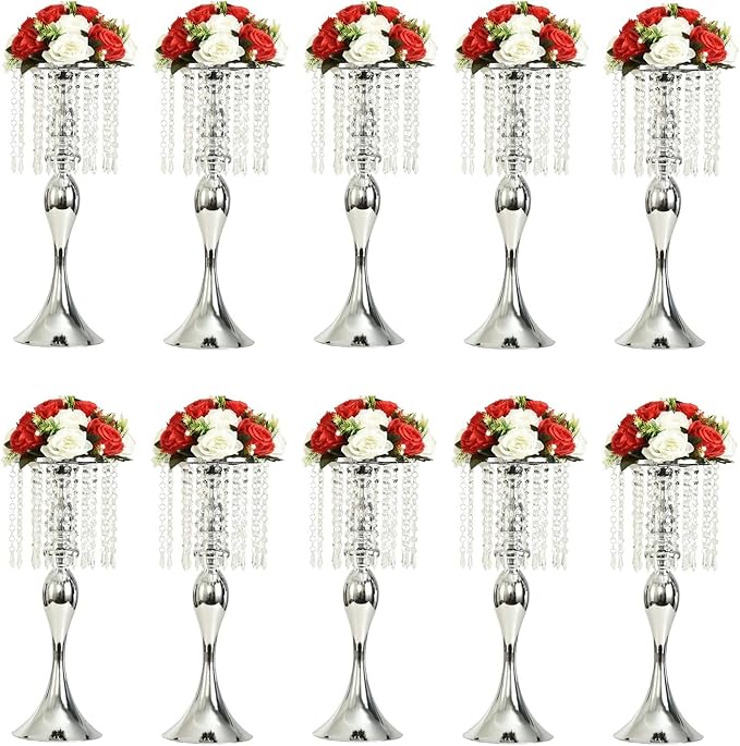 Set of 10 Metal Crystal Wedding Centerpiece Vases Silver Flower Arrangements Stand for Anniversary Dinner Party Home Decoration