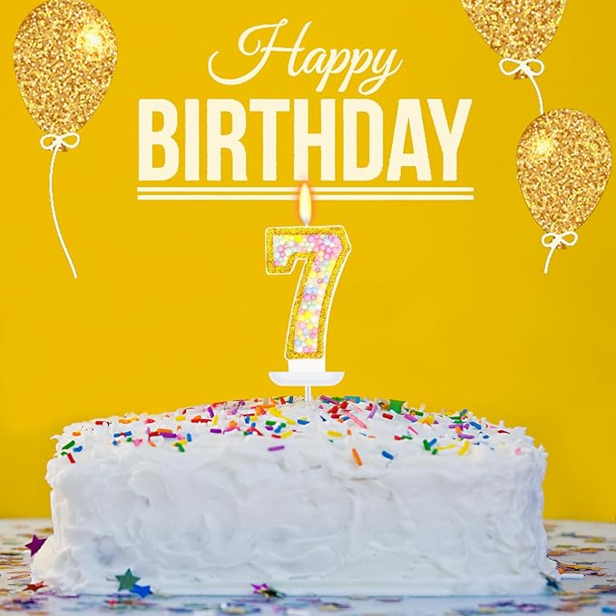 7th Birthday Candle for Cake, Colorful Macaron Numeral Candles for Girls/Boys, Sponge Birthday Party Cake Decorations, Golden Cake Topper(Number 7)