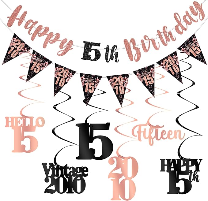 15th Birthday Decorations for Girls, Black Rose Gold Happy 15th Birthday Banner Hanging Swirls Vintage 2010 Birthday Decorations Kit Hello 15 Party Supplies
