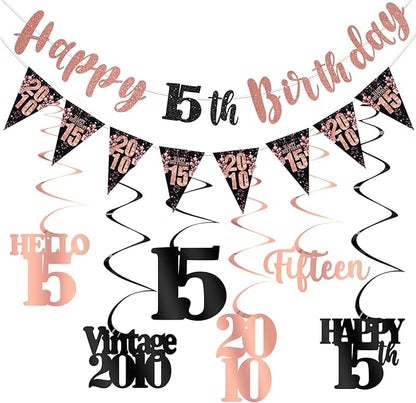 15th Birthday Decorations for Girls, Black Rose Gold Happy 15th Birthday Banner Hanging Swirls Vintage 2010 Birthday Decorations Kit Hello 15 Party Supplies
