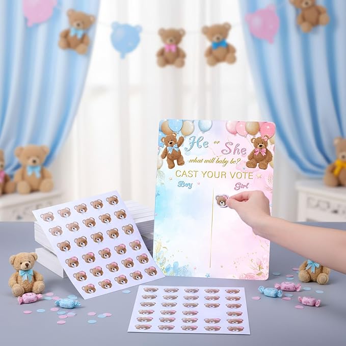 Poen Bear Gender Reveal Game Board with Stand, 60 He or She Bear Stickers, Cast Your Vote Baby Shower Party Supplies, Boy or Girl Guessing Game Decorations for Gender Reveal Party Baby Shower Decor
