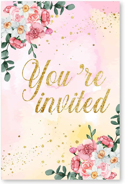 Soiceu Floral Gold Foil Sweet Sixteen Birthday Party Invitations with Envelopes Set of 20 Gold Glitter Pink Flowers Sweet 16 16th Birthday Party Invites
