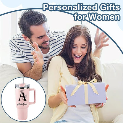 Personalized 40 Oz Tumbler with Handle and Straw, Custom Cup with Name & Birth Flower, Stainless Steel Travel Coffee Tumbler,Personalized Christmas Birthday Gifts for Women, Teen Girls