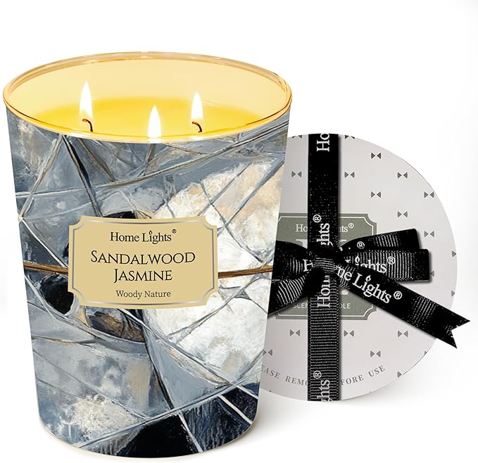 HomeLights Soy Wax Candles for Home Scented, 3-Wick Candles in Sandalwood Jasmine Scented, Industrial Chic Aromatherapy Candles Gift for Parties, Relaxing, 34oz