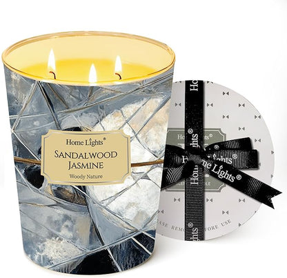 HomeLights Soy Wax Candles for Home Scented, 3-Wick Candles in Sandalwood Jasmine Scented, Industrial Chic Aromatherapy Candles Gift for Parties, Relaxing, 34oz