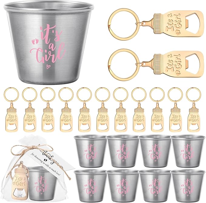 Vesici 25 Sets Baby Shower Party Favors Bottle Openers Keychains Stainless Steel Shot Thank You Tags Organza Bags Gender Reveal Favors for Guests Wedding Baby Shower Return Gift Girl Boy (Girl)