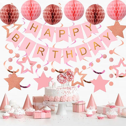 meowtastic Birthday Decorations, Happy Birthday Banner with Honeycomb Ball, Star Hanging Swirl Streamer, Circle Dot Garland, Happy Birthday Party Decoration for Women Men Boy Girls (Rose Gold & Pink)