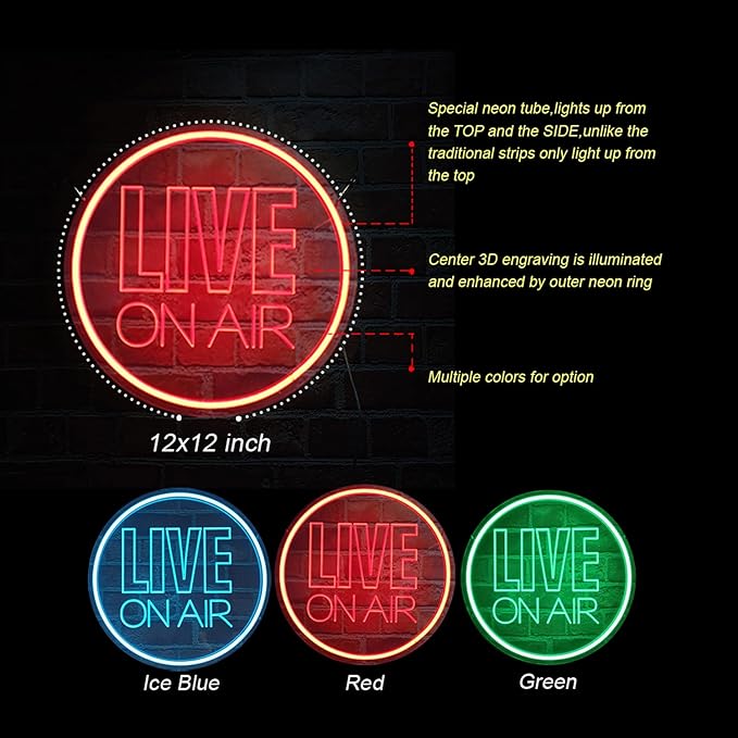 Neon Light Sign, USB Powered Live On Air LED Wall Art, Dimmable Round Sign, Red, Home Decoration, Silicone, 12 inch