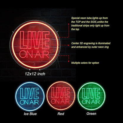 Neon Light Sign, USB Powered Live On Air LED Wall Art, Dimmable Round Sign, Red, Home Decoration, Silicone, 12 inch