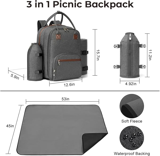 ALLCAMP Picnic Backpack - Insulated Cooler Bag with Compartment, Detachable Wine Glass Holder, Throw Blanket & Cutlery Set, 2 Person Picnic Set for Family Outings, Couple Gifts (Gray)