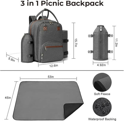 ALLCAMP Picnic Backpack - Insulated Cooler Bag with Compartment, Detachable Wine Glass Holder, Throw Blanket & Cutlery Set, 2 Person Picnic Set for Family Outings, Couple Gifts (Gray)