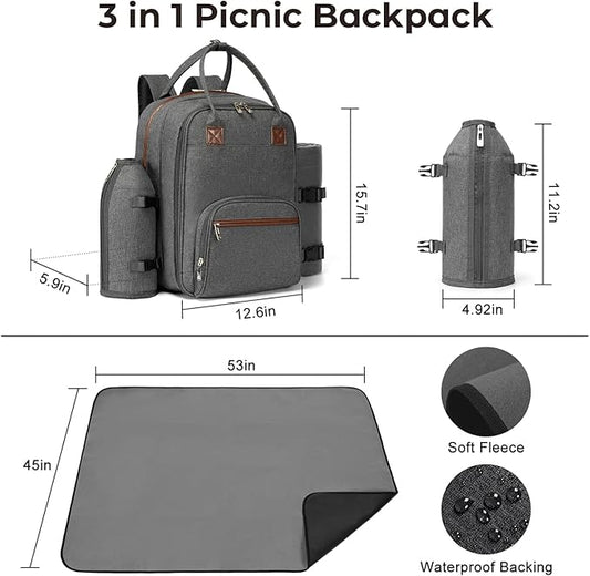 ALLCAMP Picnic Backpack - Insulated Cooler Bag with Compartment, Detachable Wine Glass Holder, Throw Blanket & Cutlery Set, 2 Person Picnic Set for Family Outings, Couple Gifts (Gray)