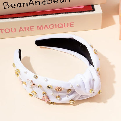 PANTIDE Heart Jeweled Knotted Headband - Rose Gold Flower Rhinestone Crystal Embellished Headband Wide Top Knot Fashion Hairband Accessories Birthday Gift for Women Girl (White)