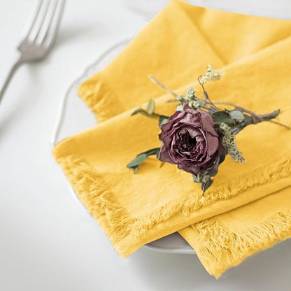 Handmade Cloth Napkins 100% Cotton Napkins with Fringe，Delicate Handmade Cloth Napkins for Dinners, Parties, Weddings and More，(18 x 18 Inch Set of 6) - Yellow