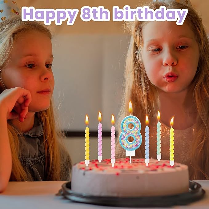 MTLEE Number 8 Birthday Candle with 12 Pcs Spiral Candles for Girls Macaron Pastel Rainbow Unicorn Pink Cake Topper for Sweet Theme Party Decoration