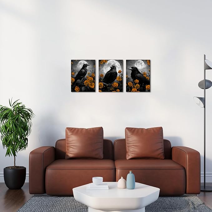 LevvArts Crow Canvas Wall Art Gothic Crow with Rose Painting Spooky Pictures Bathroom Bedroom Wall Decor (Orange)