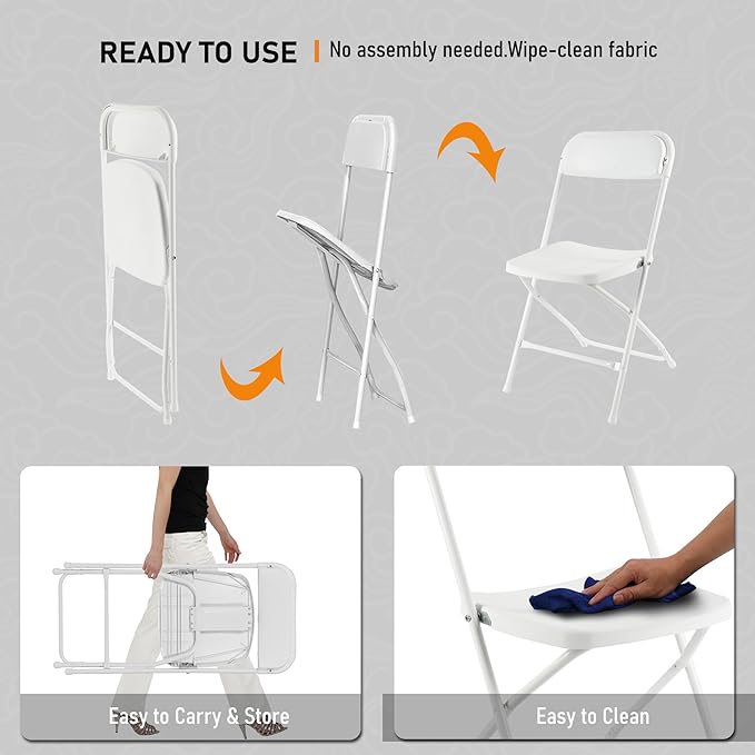 SEALAMB Plastic Folding Chairs 16 Pack, White Commercial Portable Indoor/Outdoor Chairs for Home Office, Wedding, Events Parties with Steel Frame, 350lbs Capacity (White-Plastic, 16 Pack)