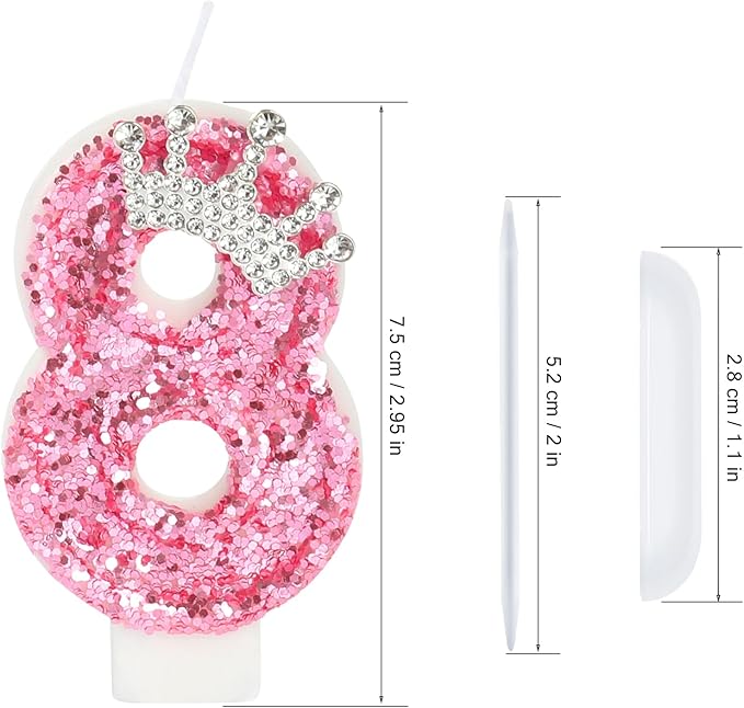 Birthday Number Candles,Pink Crown Birthday Candles for Cake,Glitter Number 8 Candle Cake Topper with Sequins for Girls,Women, Anniversary Celebrations Supplies (Pink 8)