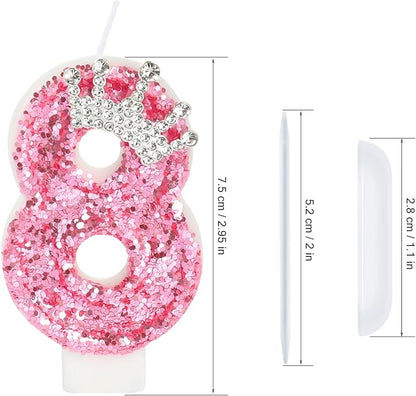 Birthday Number Candles,Pink Crown Birthday Candles for Cake,Glitter Number 8 Candle Cake Topper with Sequins for Girls,Women, Anniversary Celebrations Supplies (Pink 8)