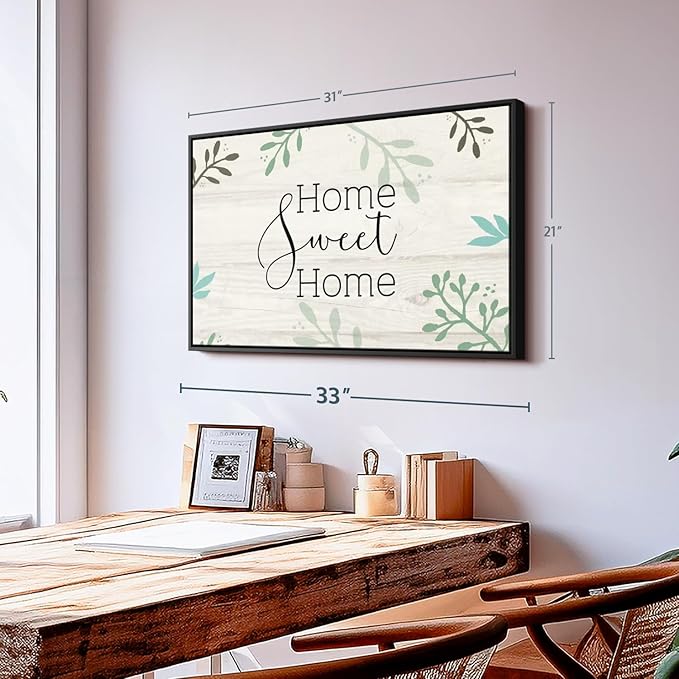 Elephant Stock Home Sweet Home Foliage Wall Art - Horizontal Floating Framed Canvas - 1-Piece Living Room Wall Decor - Leaf Digital Art Canvas Print - Beige and Black Decor for Wall by Susan Jill - 31" X 21"