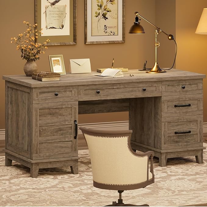 60 Inch Farmhouse Executive Desk with File Drawers for Home Office, Large Computer Desk with Storage Cabinet & Charging Station, Wooden Writing Table with Power Outlets & USB Ports for Work Study