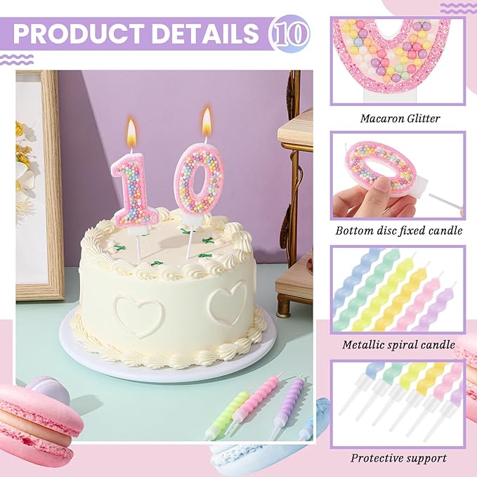 MTLEE Number 10 Birthday Candle with 12 Pcs Spiral Candles for Girls Macaron Pastel Rainbow Unicorn Pink Cake Topper for Sweet Theme Party Decoration
