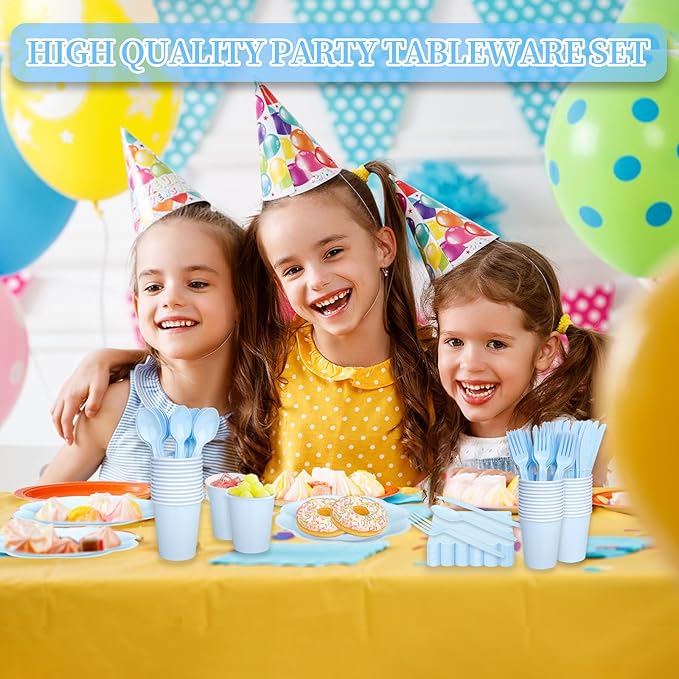 192 Pcs Light Blue Paper Plates And Napkins Set Party Supplies - For 24 Guests Paper Plates And Napkins Knives Spoons Forks Cups - For Baby Shower Bridal Shower Wedding