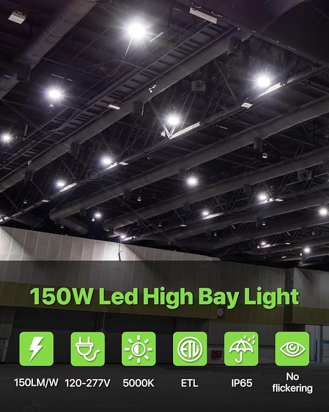 Glitgate 150W UFO LED High Bay Light 6-Pack 150LM/W 22,500LM High Bay Led Shop Lights 100-277V IP65 Waterproof Commercial Warehouse Lighting Fixture 5000K Daylight for Garage, Workshop, Factory, Gym