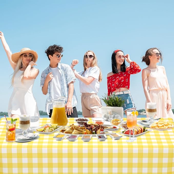 WNINK 3 Pack Light Yellow Gingham Rectangular Plastic Tablecloths, Yellow and White Checkered Disposable Table Covers 54" x 108" for Birthday, Wedding, Bridal Shower, Outdoor Picnic Camping Parties