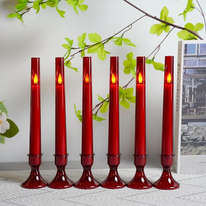 Lezonic Flameless Windows Candles Battery Operated with Timer Remote, 6Pcs Red Acrylic Flameless Candlesticks with Holders, LED Taper Candles Flickering for Halloween Christmas, 0.8 x 8 inches