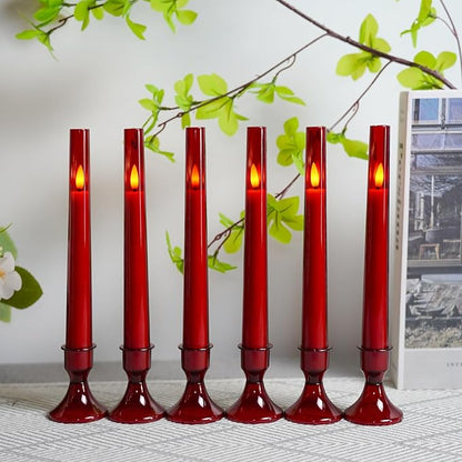Lezonic Flameless Windows Candles Battery Operated with Timer Remote, 6Pcs Red Acrylic Flameless Candlesticks with Holders, LED Taper Candles Flickering for Halloween Christmas, 0.8 x 8 inches