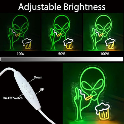 Green Alien Neon Sign, Beer Bar Alien Neon Light for Wall Decor, Dimmable LED Lights Signs for Bedroom Man Cave Game Room Home Bar Party Decoration,USB Powered Alien Light up Sign for Kids Teen Boy Birthday Christmas Presents