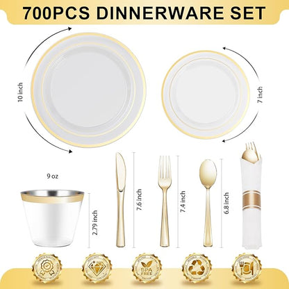 BESTVIP 700PCS Clear Gold Plastic Dinnerware Set for 100 Guests, Disposable Party Plate for Christmas and New Year, Include: 200 Plastic Plates, 100 Pre Rolled Napkins with Silverware, 100 Cups