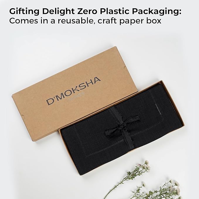 D'Moksha Homes Linen Black Table Runner 60 Inches - Classic Hemstitch, 100% Pure Linen Coffee Table Runner 14 x 60 Inch Ideal for Dresser Tables - Winter, Christmas, Holiday