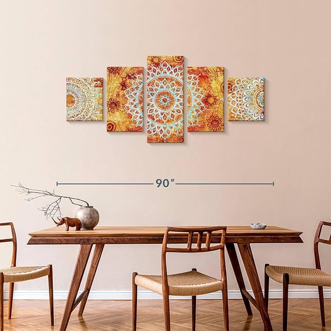 ElephantStock - Sun Like Mandala Symbols Wall Art - Horizontal Multi Panel Canvas - 5 Piece Living Room Wall Decor - Digital Art Elements Multi Piece Wall Art - Orange And Blue Decor - 80" x 36"