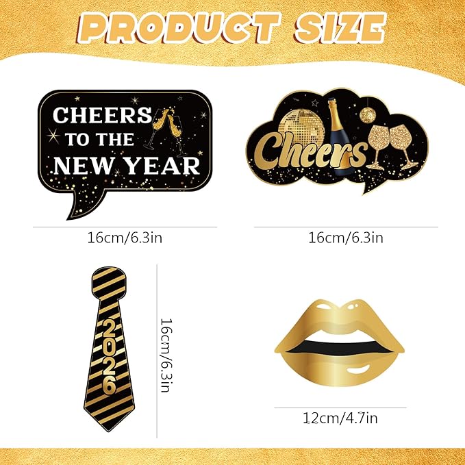 New Years Decorations 2026 Photo Booth Props Set Include 1 Photo Booth Frame and 21 Photo Props Black and Gold Happy New Years Eve Party Supplies 2026 for Photography