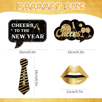 New Years Decorations 2026 Photo Booth Props Set Include 1 Photo Booth Frame and 21 Photo Props Black and Gold Happy New Years Eve Party Supplies 2026 for Photography
