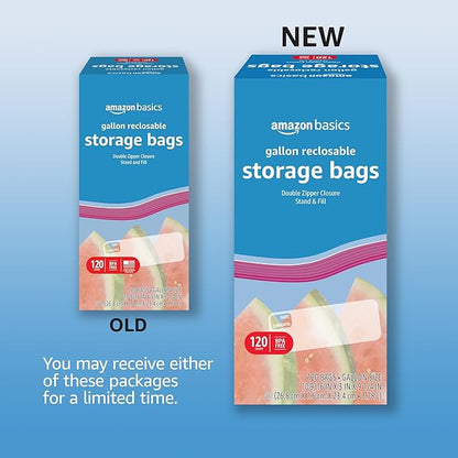 Amazon Basics Reclosable Gallon Food Storage Bags with Double Zipper Seal, Stand and Fill Base, BPA Free, 120 Count