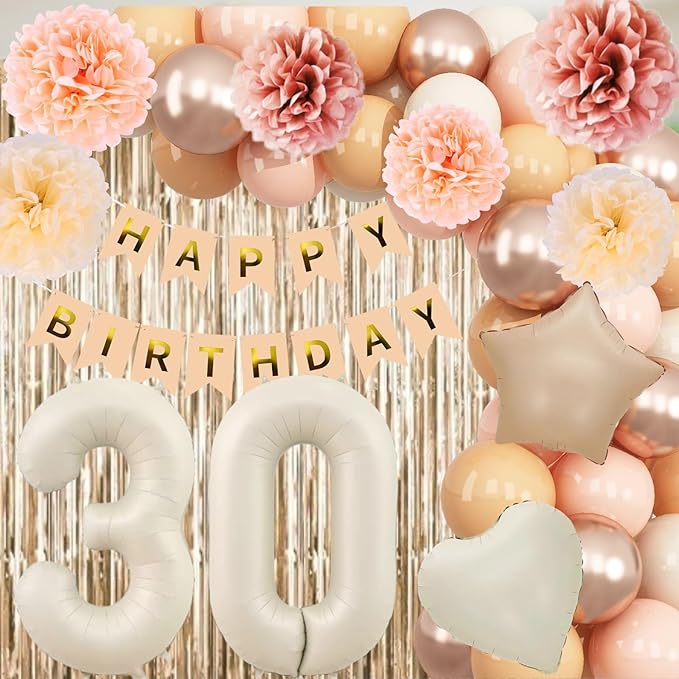 Beige 30th Birthday Decorations for Her Cream Number 30 Balloon Nude Gold Happy Birthday Banner Fringe Curtain Paper Pom Poms Blush White Sand Champagne Star Foil Balloons Neutral Boho Party Decor