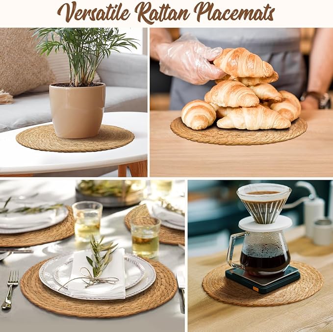 12 in Round Woven Placemats Plate Chargers Set of 10, Rattan Wicker Table Mats for Dinner Plates, Boho Farmhouse Rustic Place Mats for Dining Table Decor