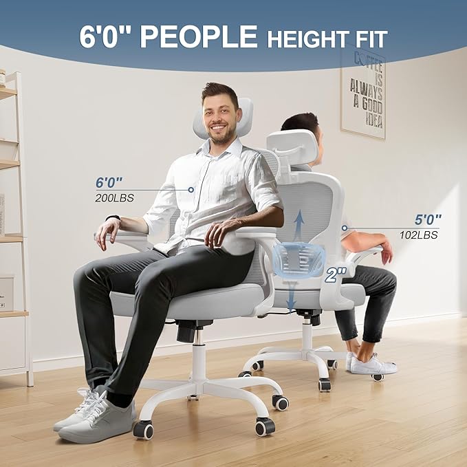 Synorla Office Chair Ergonomic Desk Chair, 330LBS Capacity, High Back Computer Design for Long Hours Comfort, Rolling Swivel for Home Office, Flip-up Armrests, White+Grey