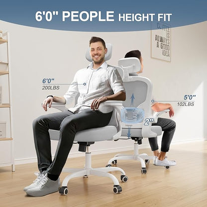 Synorla Office Chair Ergonomic Desk Chair, 330LBS Capacity, High Back Computer Design for Long Hours Comfort, Rolling Swivel for Home Office, Flip-up Armrests, White+Grey