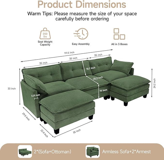 Modular Sectional Sofa, 111.5" U-Shaped Corduroy Comfy Sectional Couches for Living Room, 3-Seater Cloud Couches with 2 Movable Ottomans, Flexible Combination Modern Deep Seat Sofa (Green)